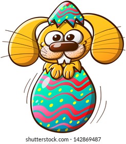 Little and nice bunny posing, keeping balance and smiling after having been born by breaking the shell of his Easter egg