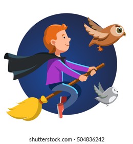 Little nice magician boy flying fast at night on his broom stick with black waving cape and his owl companions. Halloween holiday poster concept. Colorful flat style cartoon vector illustration.