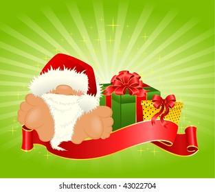 little nice santa Claus in a red cap with a gift