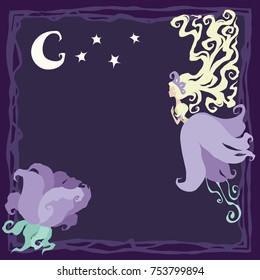 Little night blossom fairy with long hairs and flower dress. Creative card with fantasy girl. Vector pixie or flower elf fantasy character. Cartoon fairytale girl in frame with moon and stars