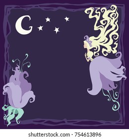 Little night blossom fairy with long hairs and flower dress. Creative card with fantasy girl. Vector pixie or flower elf fantasy character. Cartoon fairytale girl in frame with moon and stars