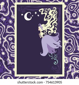 Little night blossom fairy with long hairs and flower dress. Creative card with fantasy girl. Vector pixie or flower elf fantasy character. Cartoon fairytale girl in frame with moon and stars