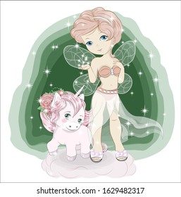 little night fairy princess with magic star dust and unicorn. Picture in hand drawing cartoon style, for Children's Room, greeting card, postcard. baby shower. party invitation.