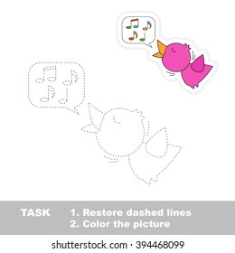 Little nightingale in vector to be traced. Restore dashed line and color the picture. Trace game for children.