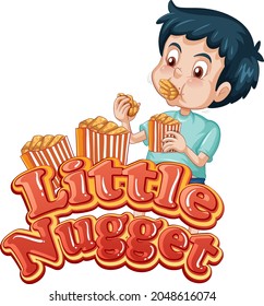 Little Nugget Logo Text Design With A Boy Eating Chicken Nuggets Illustration