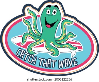 Pequeño pulpo atrapar que ondea el diseño del patrón de camiseta de bebé o niños vector