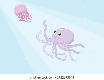 Little octopus catches a jellyfish