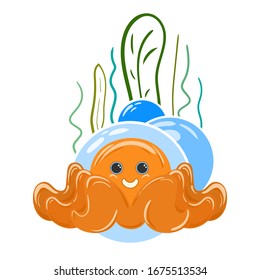 Little octopus hides in the depths. A good squid looks at you and smiles. The kraken sits at the bottom and blows air bubbles. Inflatable toy in the aquarium. Vector flat cartoon illustration.
