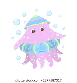 Little octopus swimming with life buoy in panama hat. Print for kids.