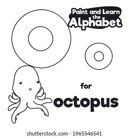 Pequeño pulpo con pequeños tentáculos listos para ser coloreados, con letra O majuscule y minúsculo para el aprendizaje didáctico del alfabeto.