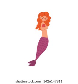 Little Offended Mermaid with Folded Hands, Fairytale Mythical Creature Cartoon Character Vector Illustration