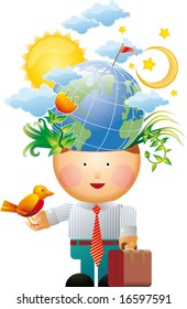 Little office man with many ecologic thoughts in his mind. A nature preservation concept