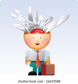 Little Office Man With A Lot Of Multifunction Swiss Army Knife In His Head. A Versatility Concept