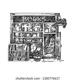 Little old book store. Sketch. Engraving style. Vector illustration.