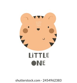 Little one. Cartoon tiger, hand drawing lettering, decor element. Colorful vector illustration, flat style. design for greeting cards, print, poster, baby shower
