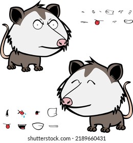 little opossum character cartoon. kawaii expressions set pack, vector format