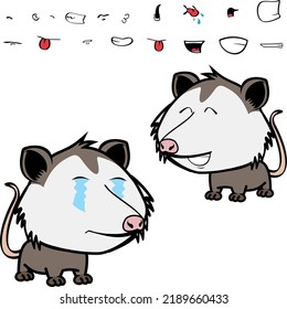 little opossum character cartoon. kawaii expressions set pack, vector format