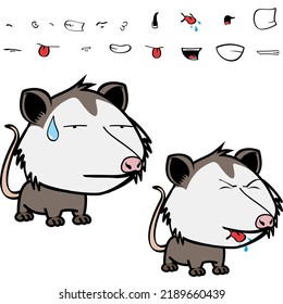 little opossum character cartoon. kawaii expressions set pack, vector format