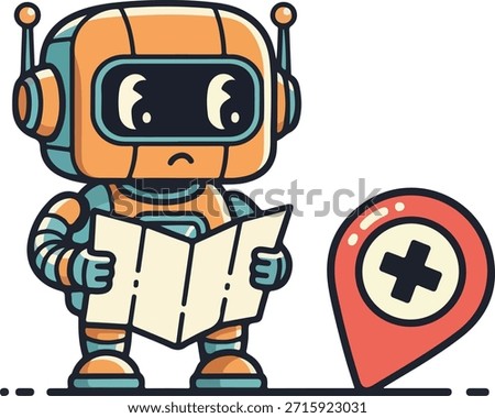 Little orange and blue robot character navigating with a map next to a red location marker. Concept of failure, missing destination, or 404 error.