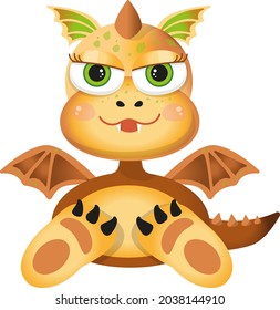 little orange dragon girl character fairy tale or cartoon sitting facing us
