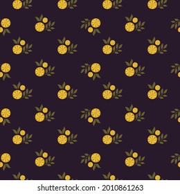 Little orange lemon slices elements seamless doodle pattern. Dark brown background. Simple style. Stock illustration. Vector design for textile, fabric, giftwrap, wallpapers.