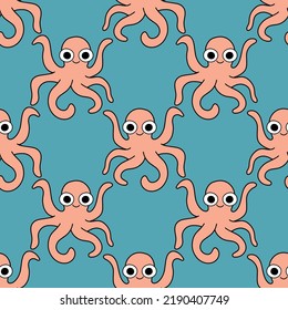 Little orange octopuses on dark water background seamless pattern vector