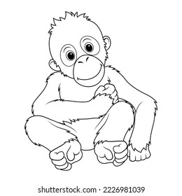 Little Orangutan Cartoon Animal Illustration BW