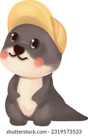 Little otter cute face red cheek yellow hat