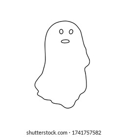 Little outline ghost with emotions vector illustration on the white background, cute spooky simple character black and white drawing for Halloween holiday celebrations