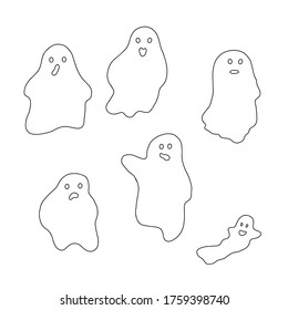 Little outline ghosts with emotions set vector illustration on the white background, cute spooky simple character black and white drawing for Halloween holiday celebrations