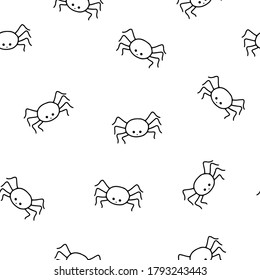 Little outline spider with emotions repeat pattern vector illustration, cute spooky simple character black and white seamless ornament for Halloween holiday celebrations
