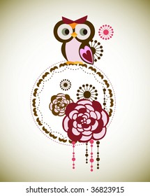 little owl and abstract floral wallpaper
