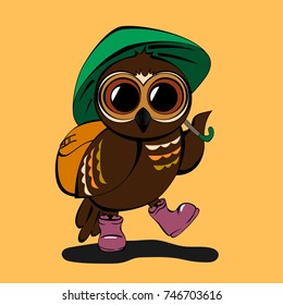 little owl in boots are with an umbrella and a backpack on an orange background