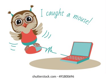 Little owl caught a computer mouse. Vector Illustration. Isolated on white.