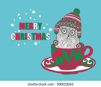 Little owl in the cup. Vector illustration.
