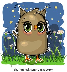 Little owl. The funny chick is trying to take off. Cute and funny chick. The isolated object on a white background. Illustration. Cartoon style. Flower meadow. Vector