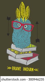 Little owl indian on the books. Vector illustration.