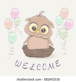 Little owl in the nest and flying balloons. Congratulation greeting on baby arrival, newborn invitation. Vector illustration 