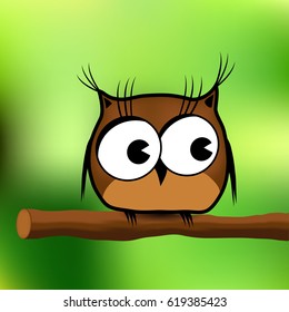 Little owl on a branch in the forest. Fabulous animals. Children's illustrations