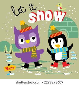 a little owl and penguin playing together funny animal cartoon