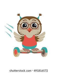 Little Owl riding a board. Vector Illustration. Isolated on white.