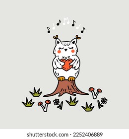 Сute little owl sits on a forest stump, sings a melody and holds a red heart in its wings. Funny vector illustration drawn in doodle style for greeting cards, printing on any surface