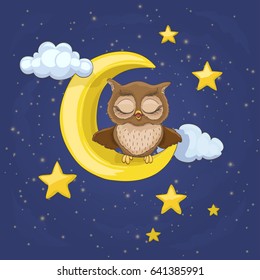 little owl sitting on a moon with clouds and night stars, yawning with closed eyes. vector cartoon illustration