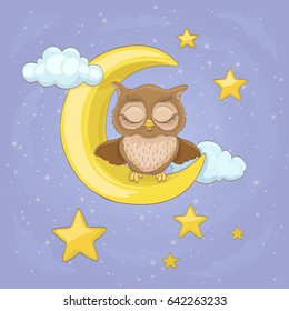 little owl sitting on a moon with clouds and night stars, with closed eyes. vector cartoon illustration