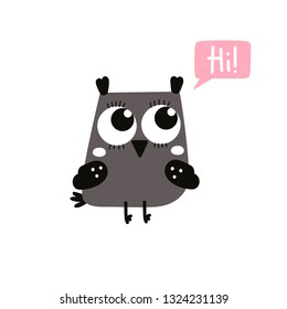 Little owl vector print on white background. Character design. Hand drawn vector print for posters, t-shirts.   