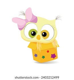 A little owlet with a pink bow peeks out of the box. Vector illustration