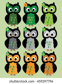 little owls in different shades of green, grey and orange color