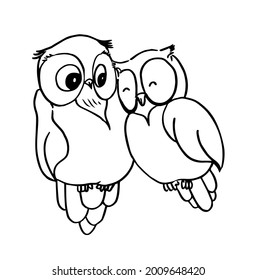 Little owls in love. Black and white vector drawing for coloring.
