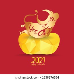 Little Ox with chinese gold , Ingot. zodiac mice of Animal lucks year 2020 of the Ox. Happy Chinese New Year