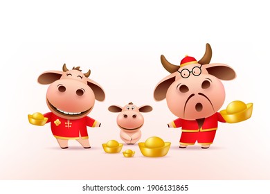 Little ox family holding chinese gold, red cheongsam dress, character zodiac cartoon, EPS 10 vector illustration - Shutterstock ID 1906131865